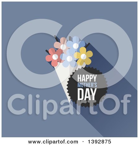 Clipart of a Bouquet of Flowers and a Happy Mothers Day Badge on Blue - Royalty Free Vector Illustration by elena