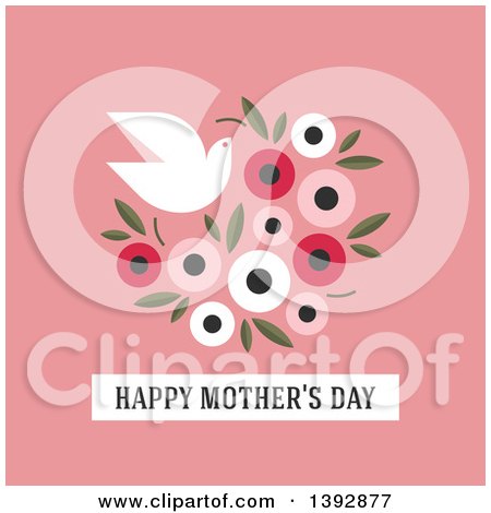 Clipart of a Dove Flying with a Bouquet of Flowers and Happy Mothers Day Text on Pink - Royalty Free Vector Illustration by elena