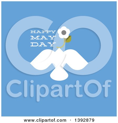 Clipart of a Dove Flying with a Flower and Happy May Day Text on Blue - Royalty Free Vector Illustration by elena