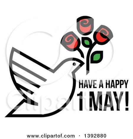 Clipart of a Dove Flying with Red Roses over Have a Happy 1 May Text - Royalty Free Vector Illustration by elena
