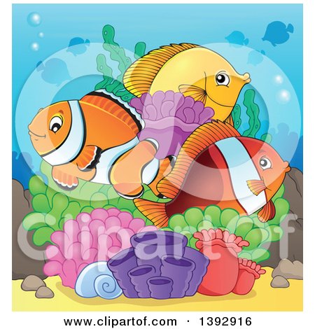 Clipart of Clownfish and Yellow Tang Marine Fish at a Reef - Royalty Free Vector Illustration by visekart