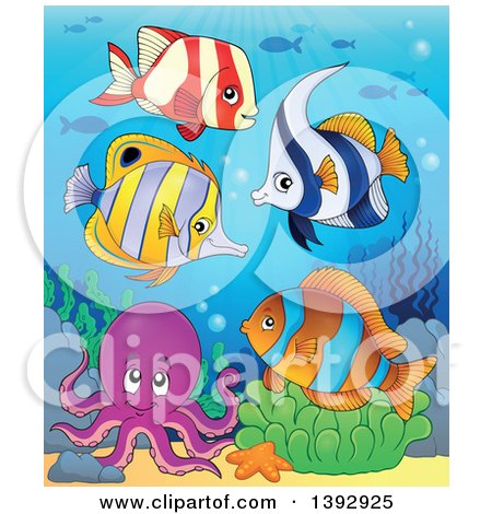 Clipart of a Group of Marine Fish and Octopus - Royalty Free Vector Illustration by visekart