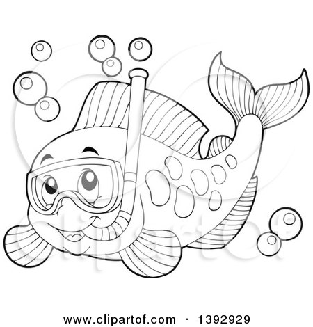 Clipart of a Black and White Lineart Marine Fish Wearing a Snorkel Mask - Royalty Free Vector Illustration by visekart