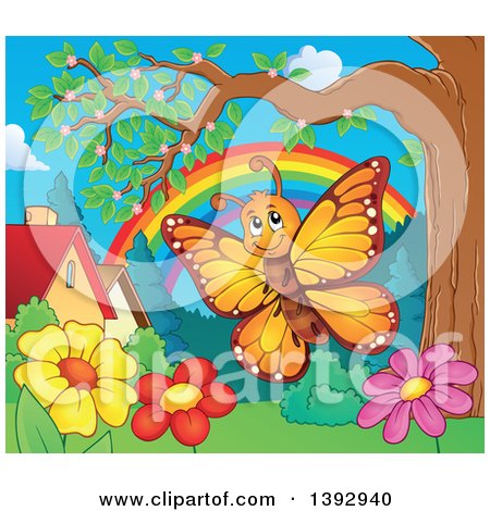 Clipart of a Happy Orange Butterfly in a Park - Royalty Free Vector Illustration by visekart