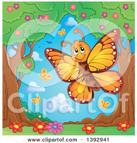 Clipart of a Happy Orange Butterfly in the Spring - Royalty Free Vector Illustration by visekart