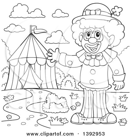 Clipart of a Black and White Lineart Circus Clown by a Big Top Tent - Royalty Free Vector Illustration by visekart