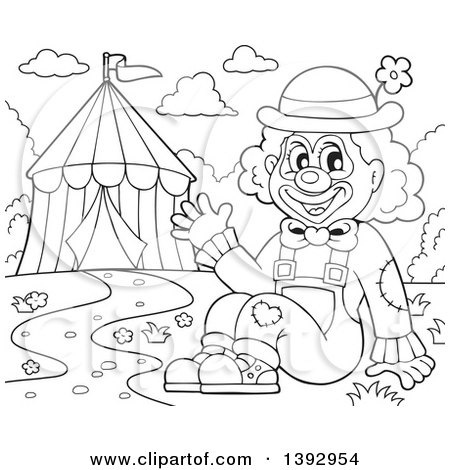 Clipart of a Black and White Lineart Circus Clown Waving by a Big Top Tent - Royalty Free Vector Illustration by visekart