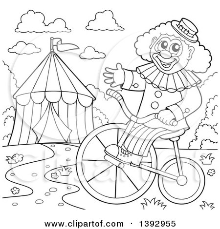 Clipart of a Black and White Lineart Circus Clown on a Bike by a Big Top Tent - Royalty Free Vector Illustration by visekart