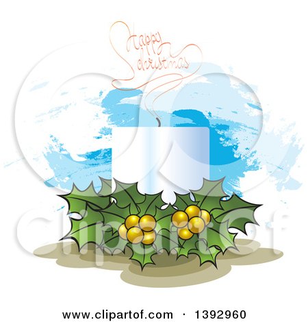 Clipart of a Candle and Holly over Paint Strokes with Happy Christmas Text - Royalty Free Vector Illustration by Lal Perera