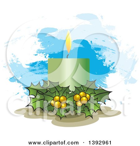 Clipart of a Green Christmas Candle and Holly over Paint Strokes - Royalty Free Vector Illustration by Lal Perera