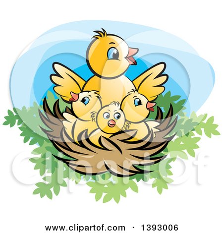 Clipart of a Nest with a Mother Bird and Yellow Chicks - Royalty Free Vector Illustration by Lal Perera