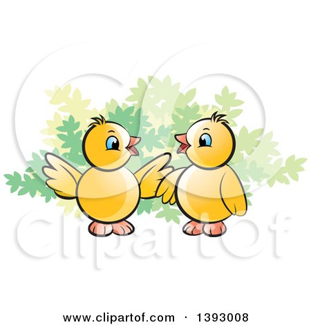 Clipart of Two Yellow Chicks by a Shrub - Royalty Free Vector Illustration by Lal Perera