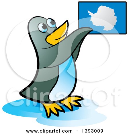 Clipart of a Penguin Holding up an Antarctica Map - Royalty Free Vector Illustration by Lal Perera