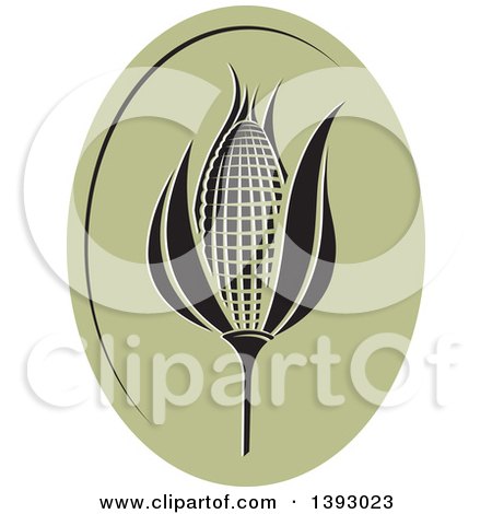 Clipart of a Black Ear of Corn in a Green Oval - Royalty Free Vector Illustration by Lal Perera