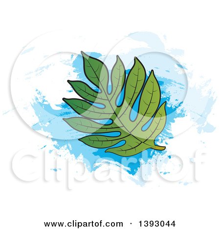 Clipart of a Breadfruit Leaf over Blue Paint Strokes - Royalty Free Vector Illustration by Lal Perera