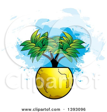 Clipart of a Tree Growing from a Gold Globe over Paint Strokes - Royalty Free Vector Illustration by Lal Perera
