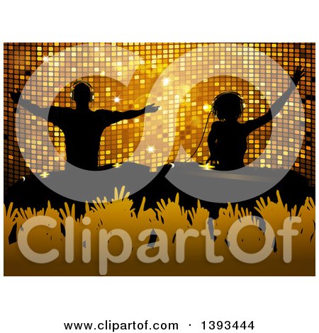 Clipart of Silhouetted Male and Female Djs over Hands in a Crowd and Gold Mosaic - Royalty Free Vector Illustration by elaineitalia