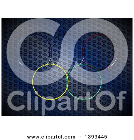 Clipart of Colorful 3d Metallic Olympic Rings over Blue Honeycomb Metal - Royalty Free Vector Illustration by elaineitalia