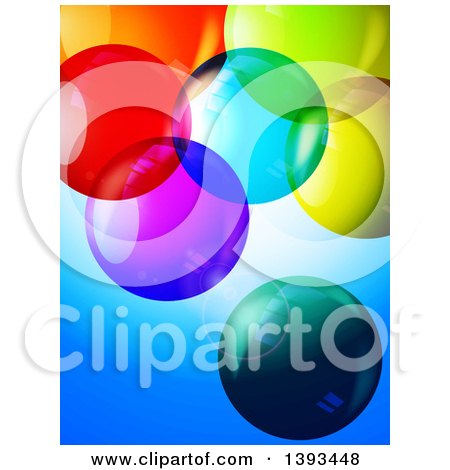 Clipart of 3d Colorful Transparent Bubbles over Blue - Royalty Free Vector Illustration by elaineitalia