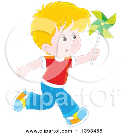 Clipart of a Happy Blond Caucasian Boy Running and Playing with a Pinwheel - Royalty Free Vector Illustration by Alex Bannykh