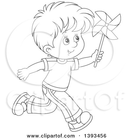 Clipart of a Cartoon Black and White Lineart Happy Boy Running and Playing with a Pinwheel - Royalty Free Vector Illustration by Alex Bannykh
