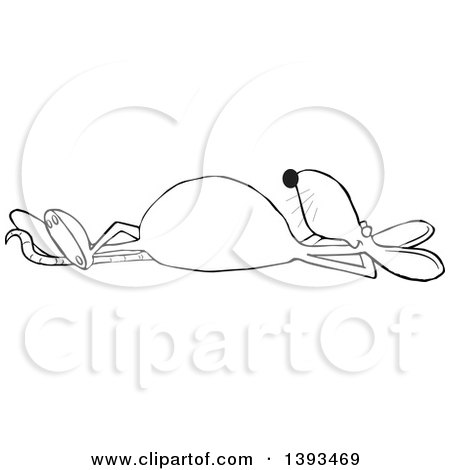 Clipart of a Cartoon Black and White Lineart Relaxed Rat Laying on His Back - Royalty Free Vector Illustration by djart