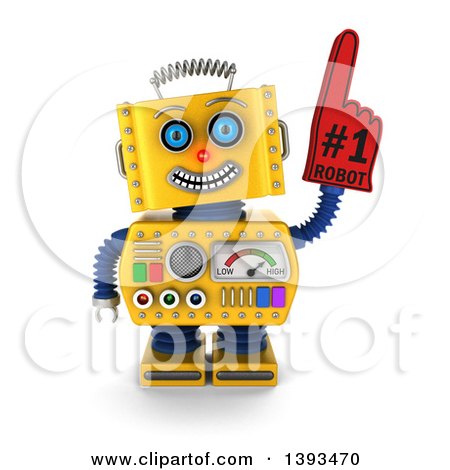 Clipart of a 3d Yellow Robot Wearing a Number One Foam Finger, on a White Background - Royalty Free Illustration by stockillustrations