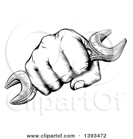 Clipart of a Retro Black and White Woodcut or Engraved Fisted Hand Holding a Spanner Wrench - Royalty Free Vector Illustration by AtStockIllustration