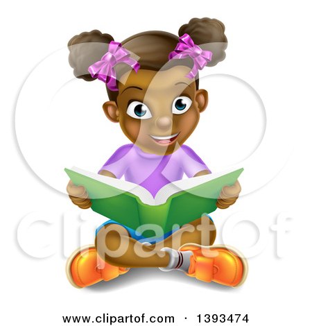 Clipart of a Happy Black Girl Sitting on the Floor and Reading a Story Book - Royalty Free Vector Illustration by AtStockIllustration
