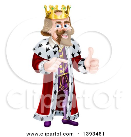 Clipart of a Happy Brunette Caucasian King Giving a Thumb up and Pointing to the Right - Royalty Free Vector Illustration by AtStockIllustration