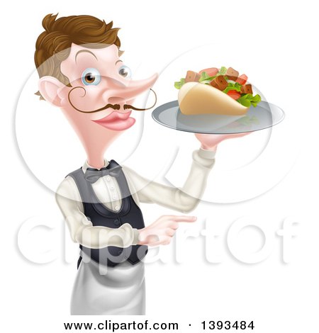 Clipart of a Cartoon Caucasian Male Waiter with a Curling Mustache, Holding a Kebab Sandwich on a Tray and Pointing - Royalty Free Vector Illustration by AtStockIllustration