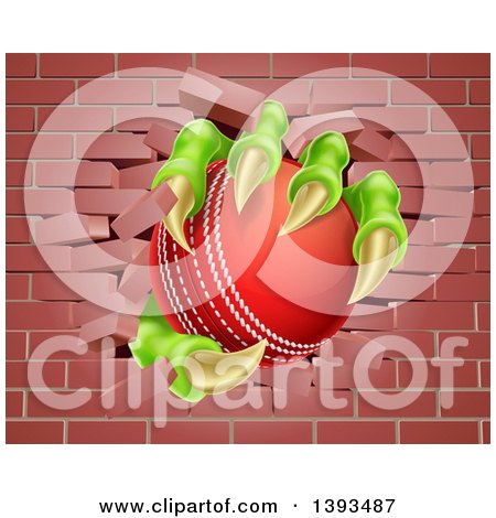 Clipart of a Monster Claws Holding a Cricket Ball and Breaking Through a Brick Wall - Royalty Free Vector Illustration by AtStockIllustration