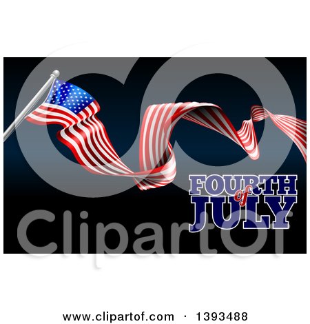 Clipart of a Long Waving American Flag and Fourth of July Text on Black and Dark Blue - Royalty Free Vector Illustration by AtStockIllustration