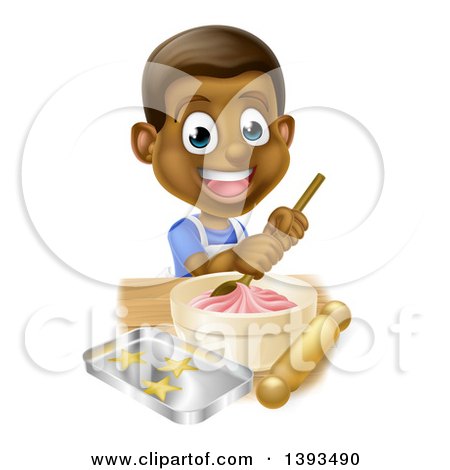 Clipart of a Happy Black Boy Making Frosting and Cookies - Royalty Free Vector Illustration by AtStockIllustration