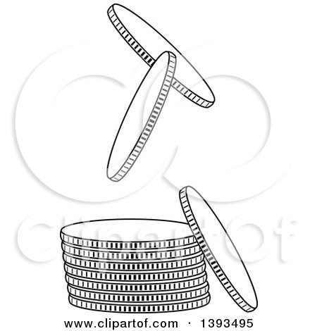 Clipart of a Black and White Stack and Falling Coins - Royalty Free Vector Illustration by dero