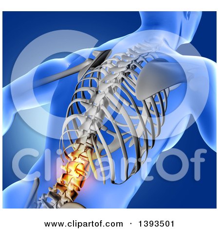 Clipart of a 3d Anatomical Man, with Glowing Spine or Back Pain and Visible Skeleton, on Blue - Royalty Free Illustration by KJ Pargeter