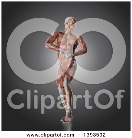 Clipart of a 3d Male Body Builder Posing with Visible Muscles, on Gray - Royalty Free Illustration by KJ Pargeter