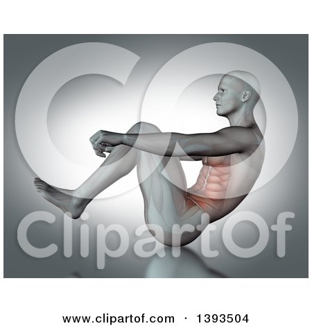 Clipart of a 3d Anatomical Man Doing Sit Ups, with Visible Abdominal Muscles, on Gray - Royalty Free Illustration by KJ Pargeter