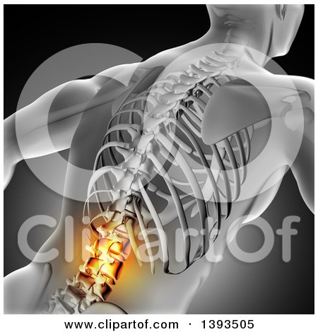 Clipart of a 3d Anatomical Man, with Glowing Spine or Back Pain and Visible Skeleton, on Gray - Royalty Free Illustration by KJ Pargeter