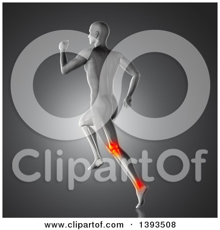 Clipart of a 3d Anatomical Man Running with Visible Leg Bones and Glowing Knee and Ankle Joints, on Gray - Royalty Free Illustration by KJ Pargeter
