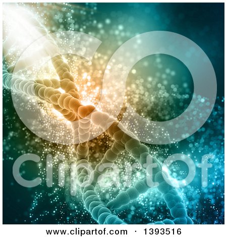 Clipart of a Background of a 3d DNA Strand with Bursts of Light - Royalty Free Illustration by KJ Pargeter