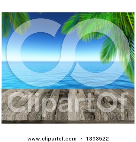 Clipart of a 3d Aged Wood Deck Against a Blurred View of Palm Trees and the Ocean - Royalty Free Illustration by KJ Pargeter