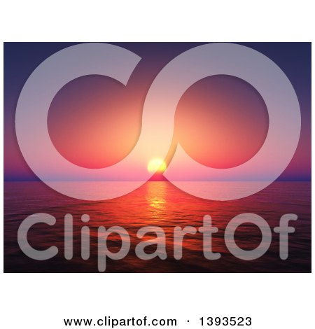 Clipart of a 3d Pink and Purple Sunset over Rippling Ocean Water - Royalty Free Illustration by KJ Pargeter