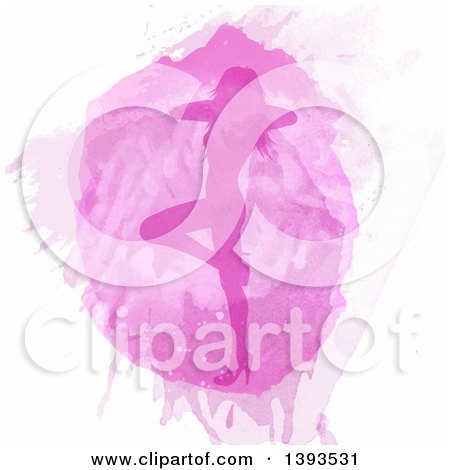 Clipart of a Silhouetted Sexy Woman over Pink Watercolor Paint on White - Royalty Free Vector Illustration by KJ Pargeter