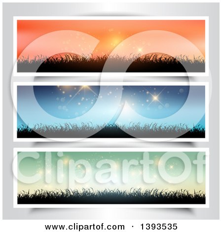 Clipart of Orange, Blue and Green Sky Website Banners with Silhouetted Grass, on Gray - Royalty Free Vector Illustration by KJ Pargeter