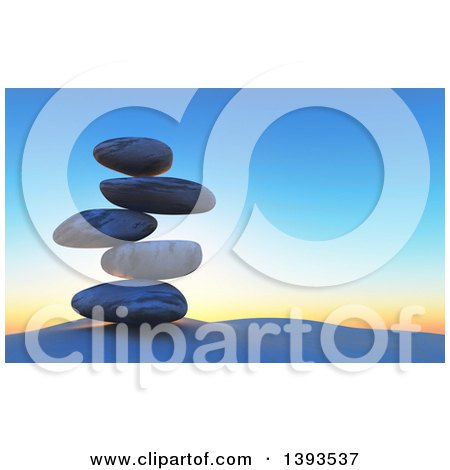 Clipart of a Stack of 3d Balanced Stones Against a Sunrise or Sunset Sky - Royalty Free Illustration by KJ Pargeter