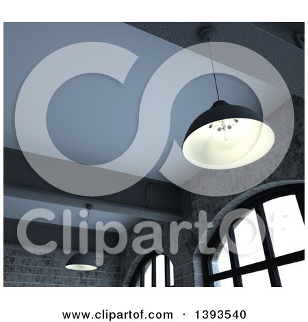 Clipart of a 3d Industrial Converted Building with Lights, the Upper Part of Windows, Metal Beams and Brick Walls - Royalty Free Illustration by KJ Pargeter