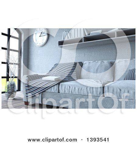 Clipart of a 3d Room Interior with a Sofa, Shelf, Wall Clock and Vase on Wood Flooring - Royalty Free Illustration by KJ Pargeter