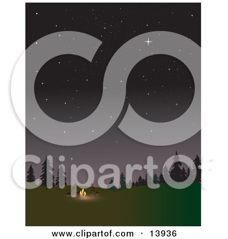 Two Campers Keeping Warm by a Campfire Under the Stars Clipart Illustration by Rasmussen Images