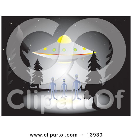 Three Aliens Standing Near a Hovering UFO in a Forest at Night Clipart Illustration by Rasmussen Images
